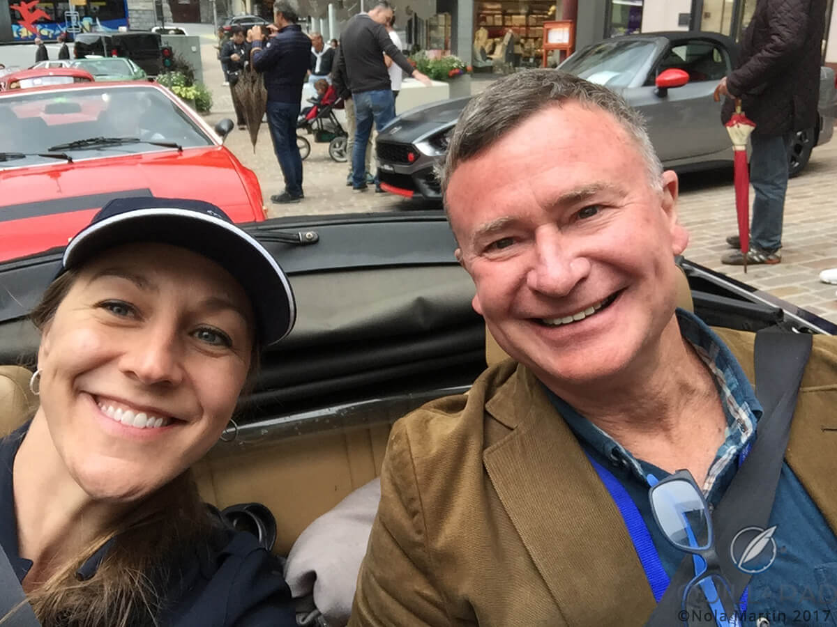 Ian Skellern and Nola Martin before setting off on the 2017 Passione Engadina rally (our smiles were just as broad at the end)