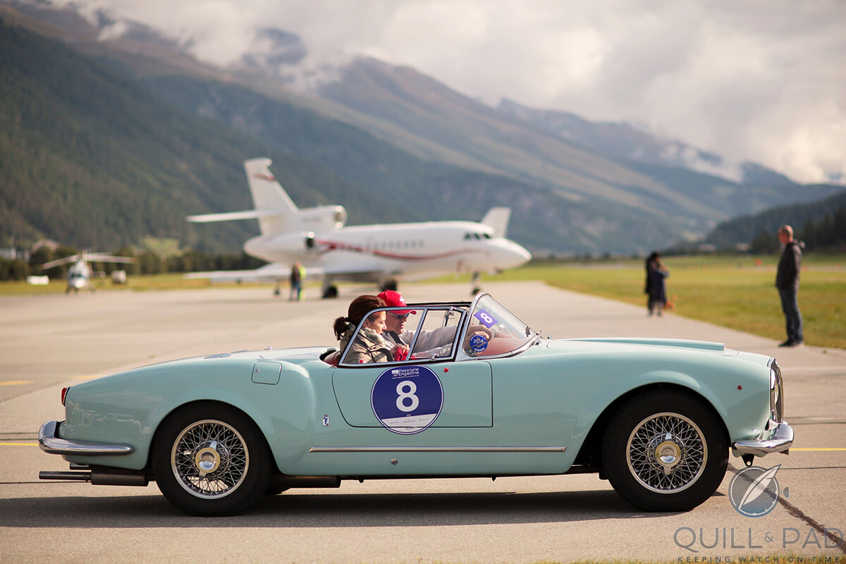 Engardina airport for the fianal challenge in the 2017 Passione Engardina, with a very pretty 1995 Lancia Aurelia-B24 S Spider America in the foreground