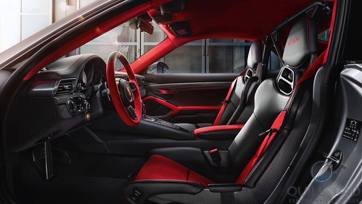Striking bright red highlights and trim in the interior of the 2018 Porsche 911 GT2 RS