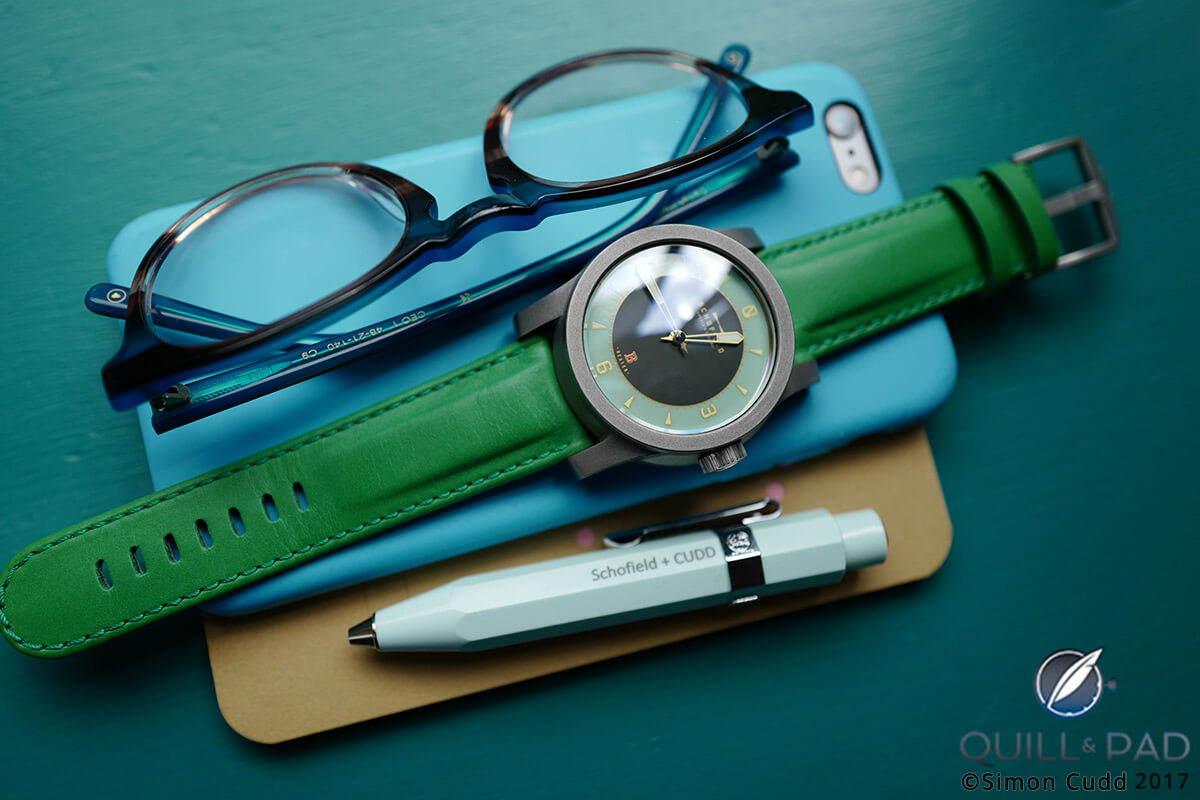 Schofield + Cudd green leather strap on a Schofield watch
