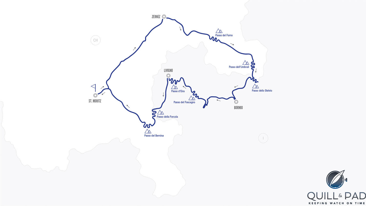 Route of the 2017 Passione Engadina rally in the Alps from St. Moritz, Switzerland to Bormio, Italy and back (the white area is Switzerland, shaded area is Italy)