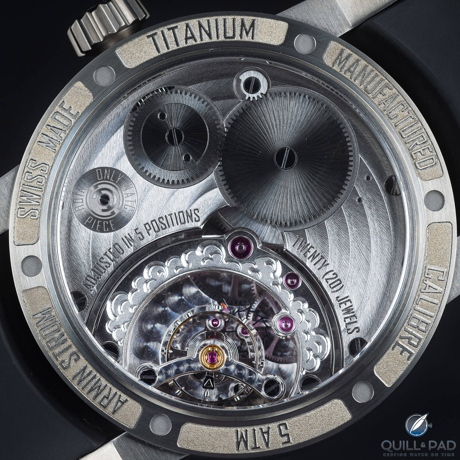 View through the display back to the Caliber AMW11 movement in the Armin Strom Manual Hunt Slonem Edition for Only Watch 2017