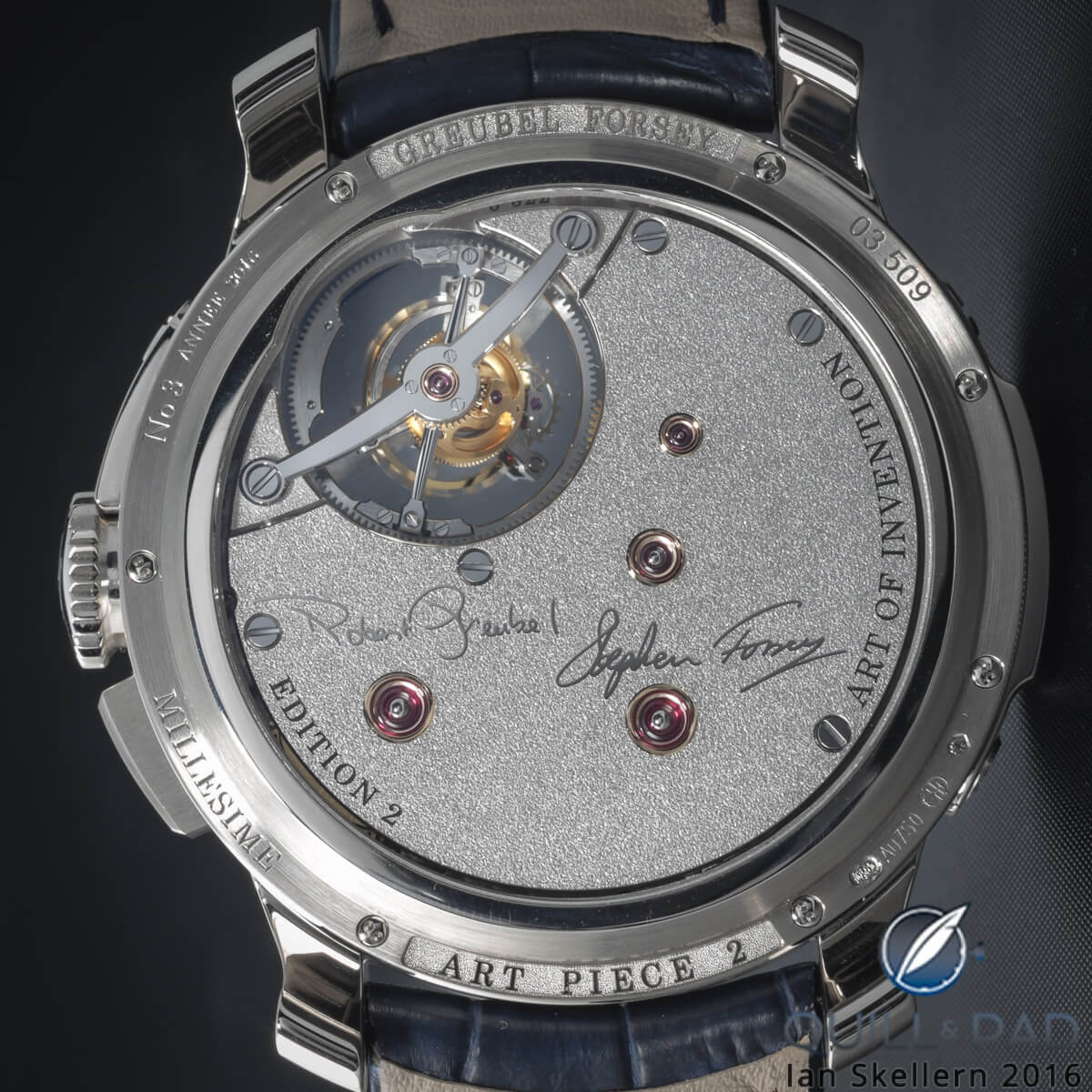 View through the display back to the artists' signatures on the back of the Greubel Forsey Art Piece 2 Edition 2