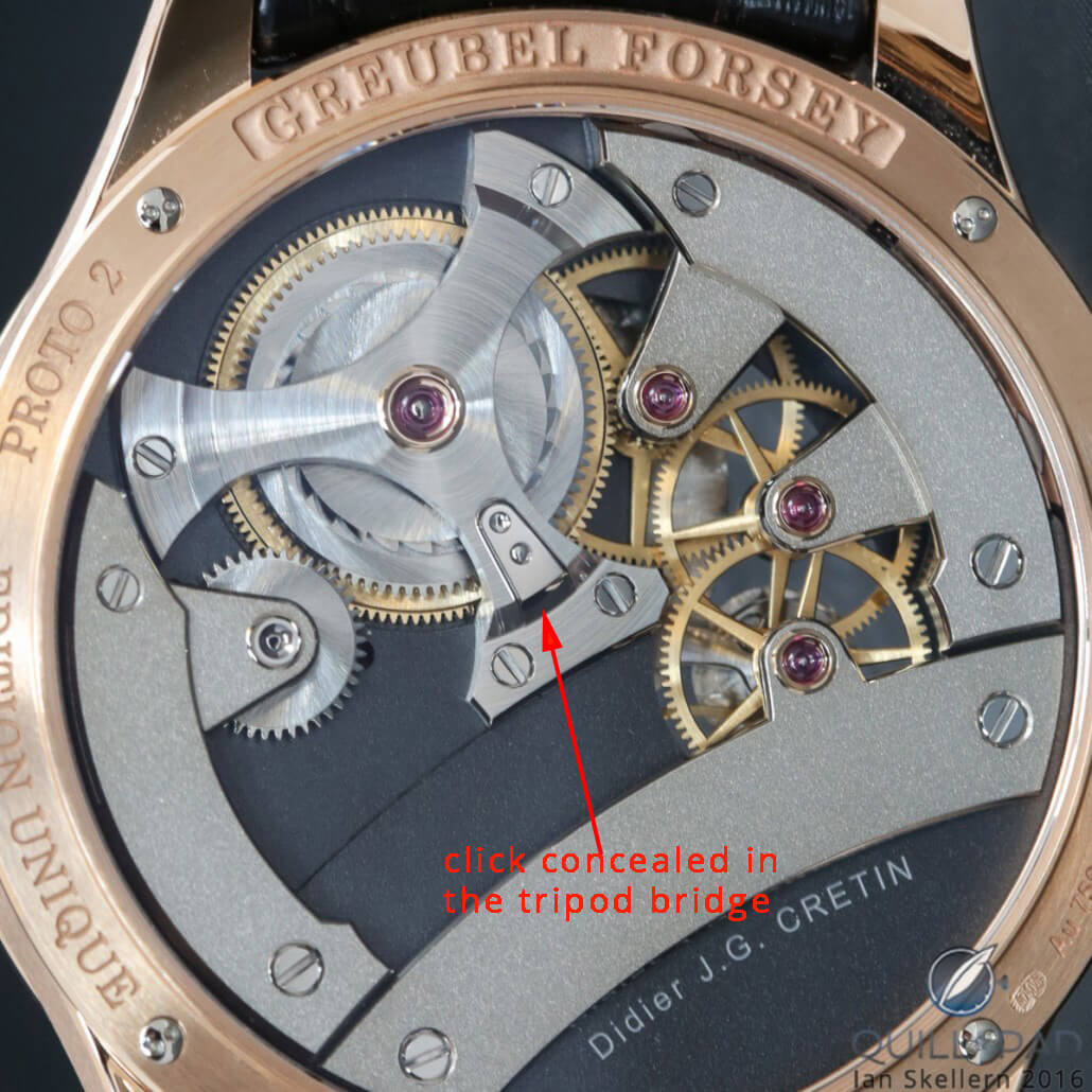 Concealed click in one of the barrel bridge tripod arms of the Greubel Forsey Signature 1