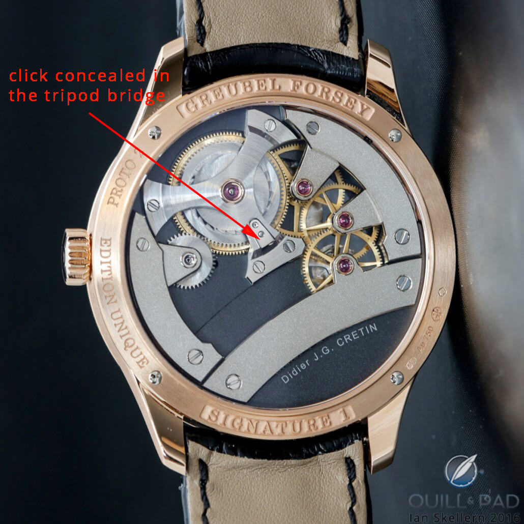Concealed click in one of the barrel bridge tripod arms of the Greubel Forsey Signature 1