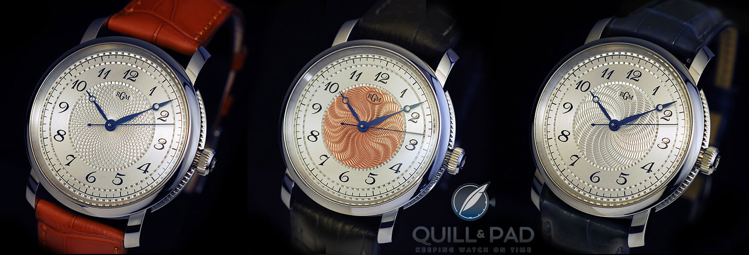 Three types of guilloche dials on the RGM Model 25: Silver Barley, Copper Moire, and Silver Swirl