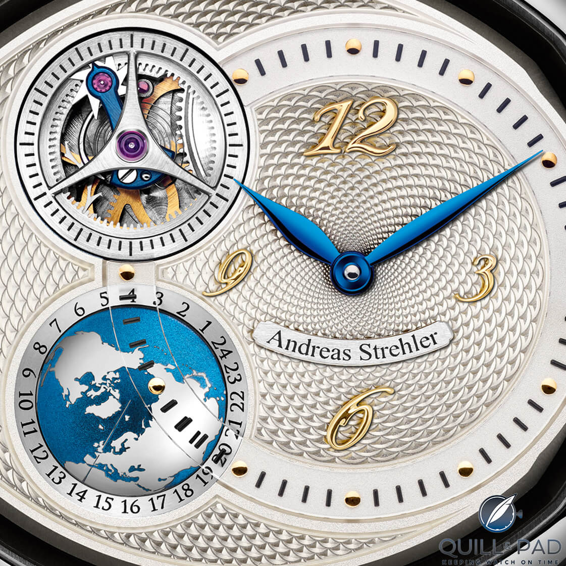 A close look at the silver-dialed Andreas Strehler Sauterelle à Heure Mondiale