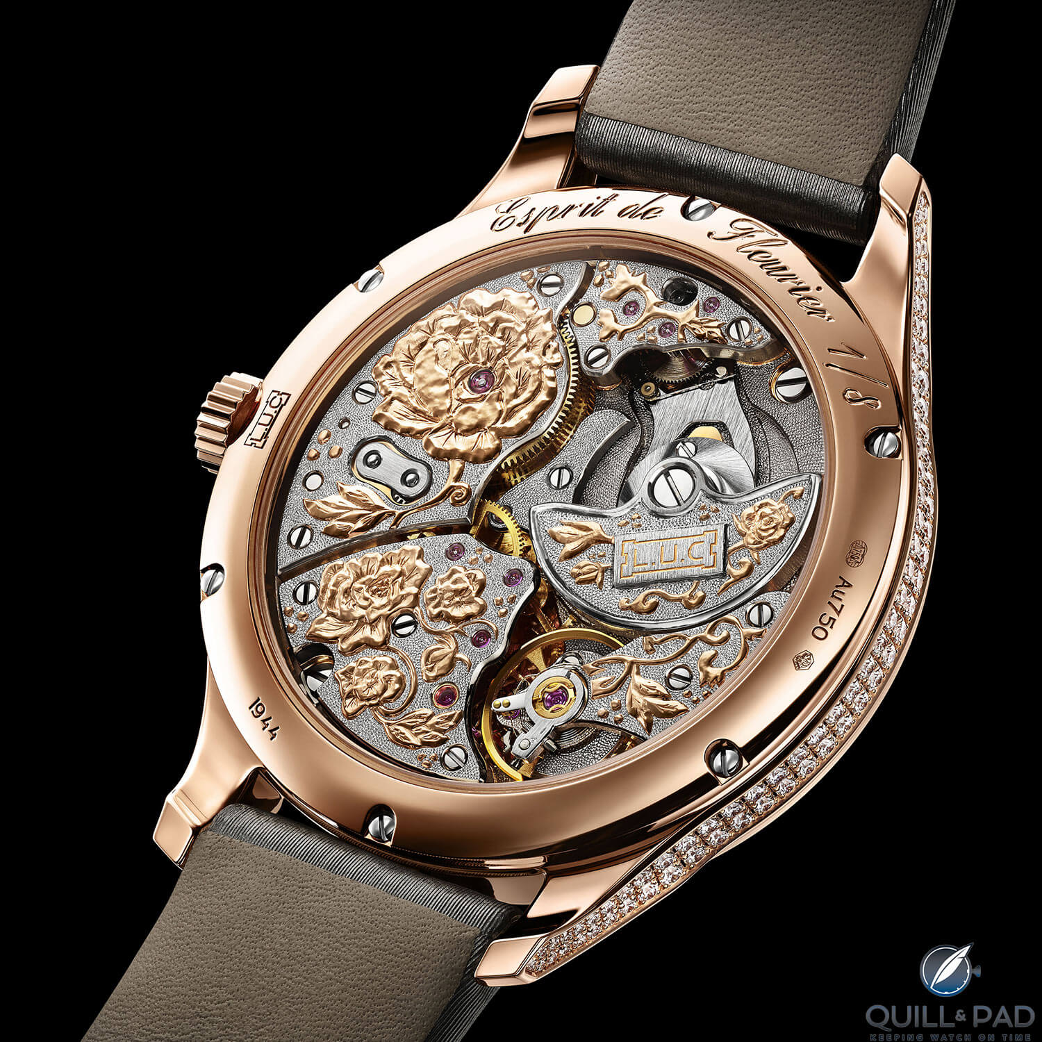 The beautifully decorated micro-rotor powered movement of the Chopard L.U.C XP Esprit de Fleurier Peony