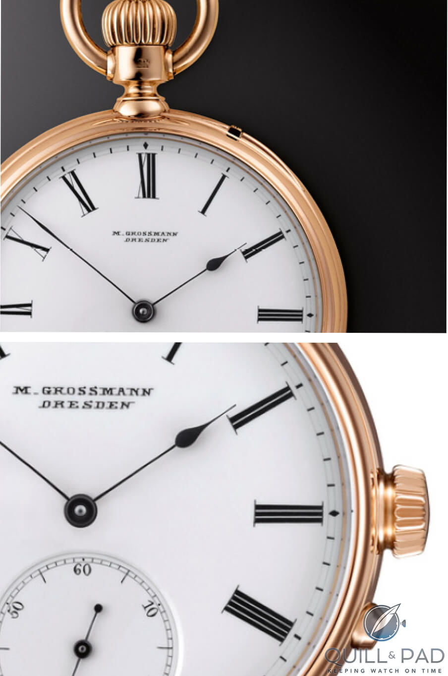 Note the careful replication of the enamel dial, font, chapter ring, and Roman numerals on the modern wristwatch (bottom) as seen on the vintage pocket watch (top)