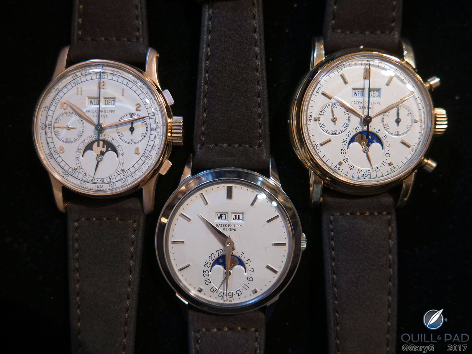 More great watches, more solid prices: Patek Philippe Reference 1518 in pink gold, Reference 3448 in white gold, and Reference 2499 third-series in yellow gold