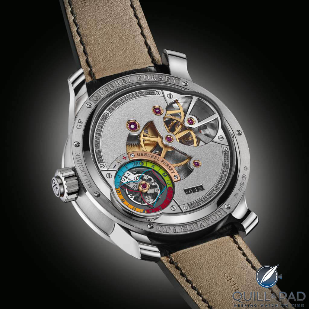View through the display back of the Greubel Forsey QP à Équation with the EoT indication visible at the lower left