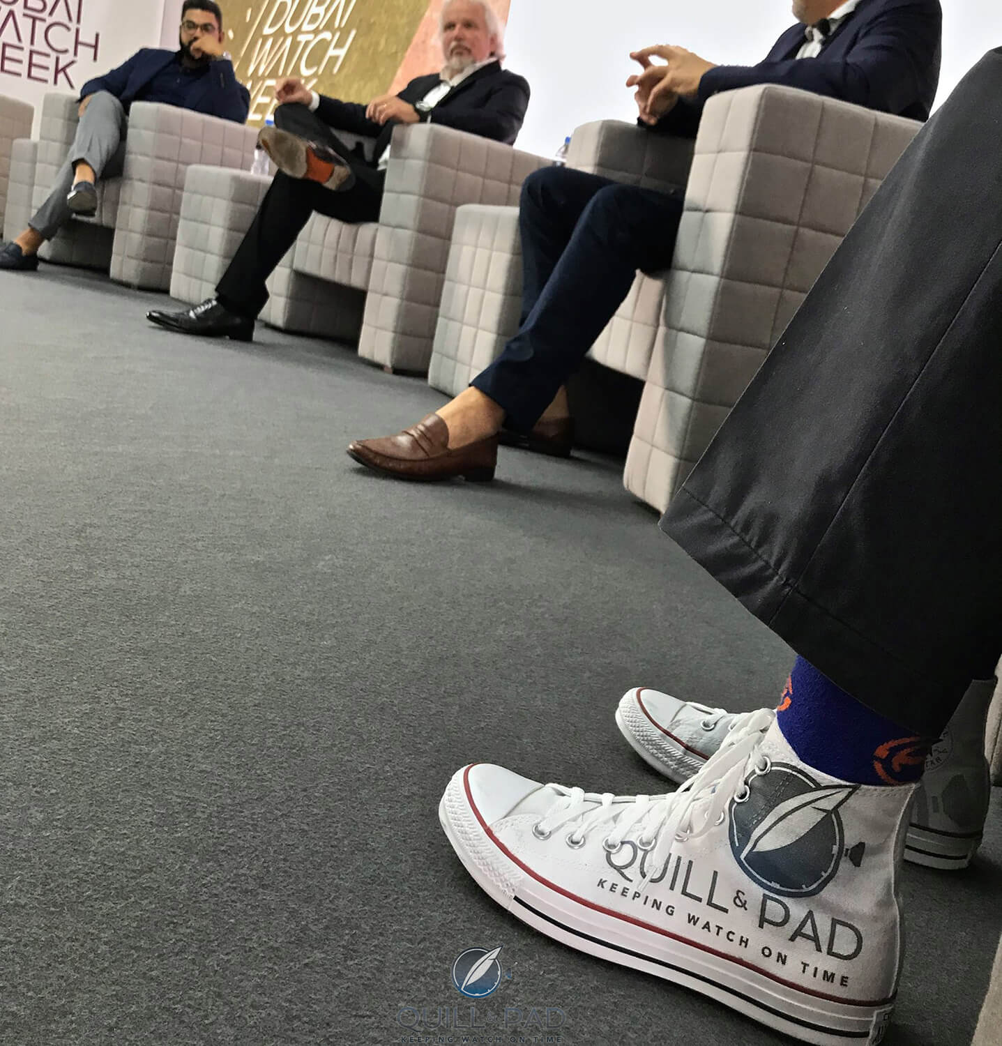 Ian Skellern's footwear as caught by Miguel Seabra with Ian was moderating a discussion panel at Dubai Watch Week with Eneuri Acosta (Hodinkee), Lucien Vouillamoz (HYT Watches) and Jean-Marc Wiederrecht (Agenhor) at Dubai Watch Week 2017