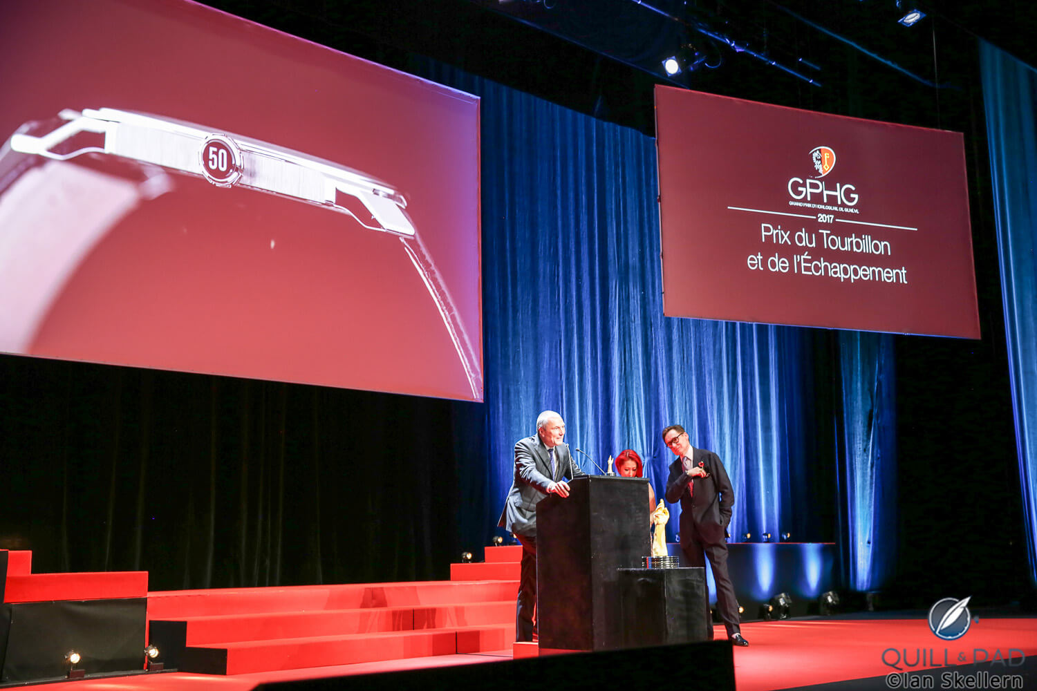 Bulgari CEO Jean-Christophe Babin accepts the award for best Tourbillon and Escapement Watch for the Bulgari Octo Finissimo Tourbillon Skeletonon Skeleton