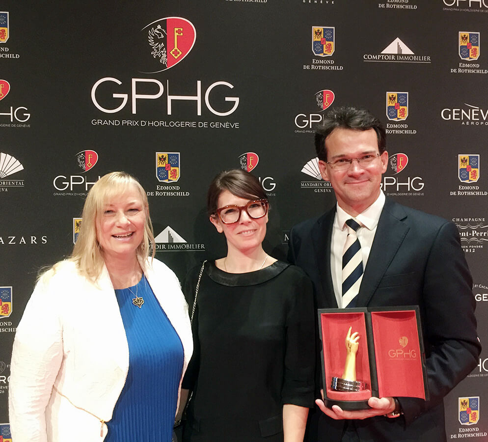 Elizabeth Doerr, Aurélie Picaud, and Fabergé CEO Sean Gilbertson celebrating the brand's award for Best Travel Time watch for the DTZ Visionnaire at the 2016 Grand Prix d’Horlogerie de Genève