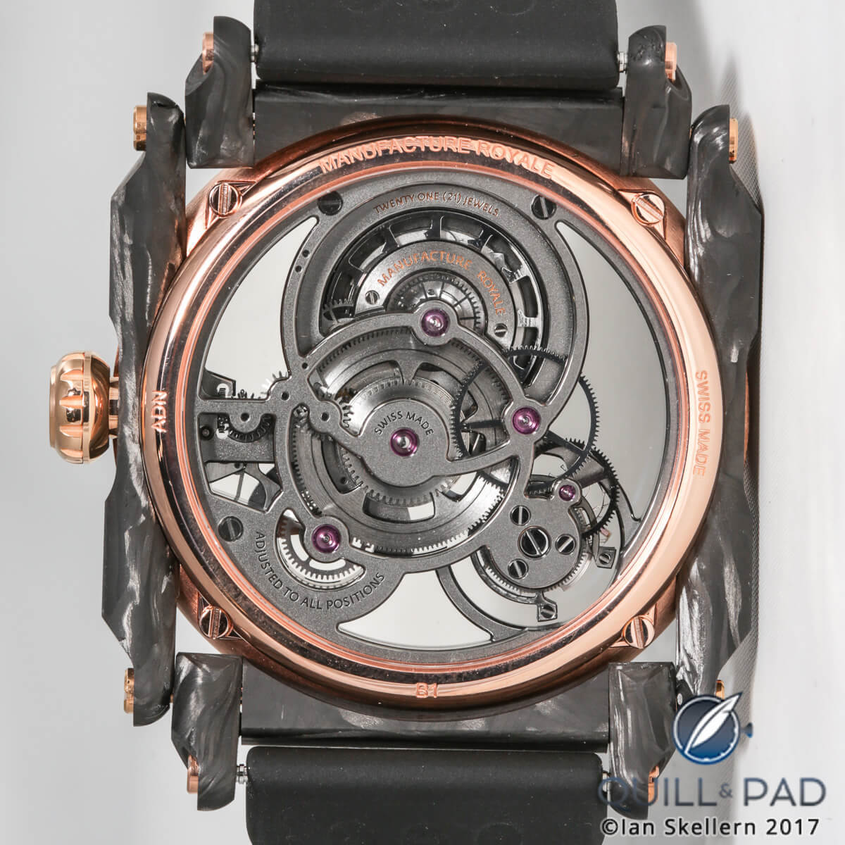 View through the display back of the pink gold Manufacture Royale ADN