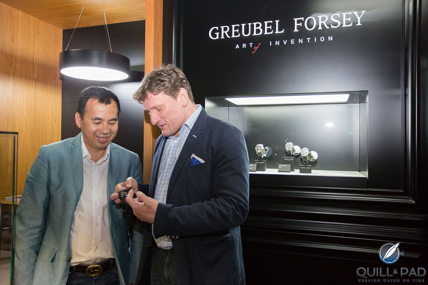 Stephen Forsey sharing some time and knowledge with an appreciative visitor at the Greubel Forsey stand at Dubai Watch Week