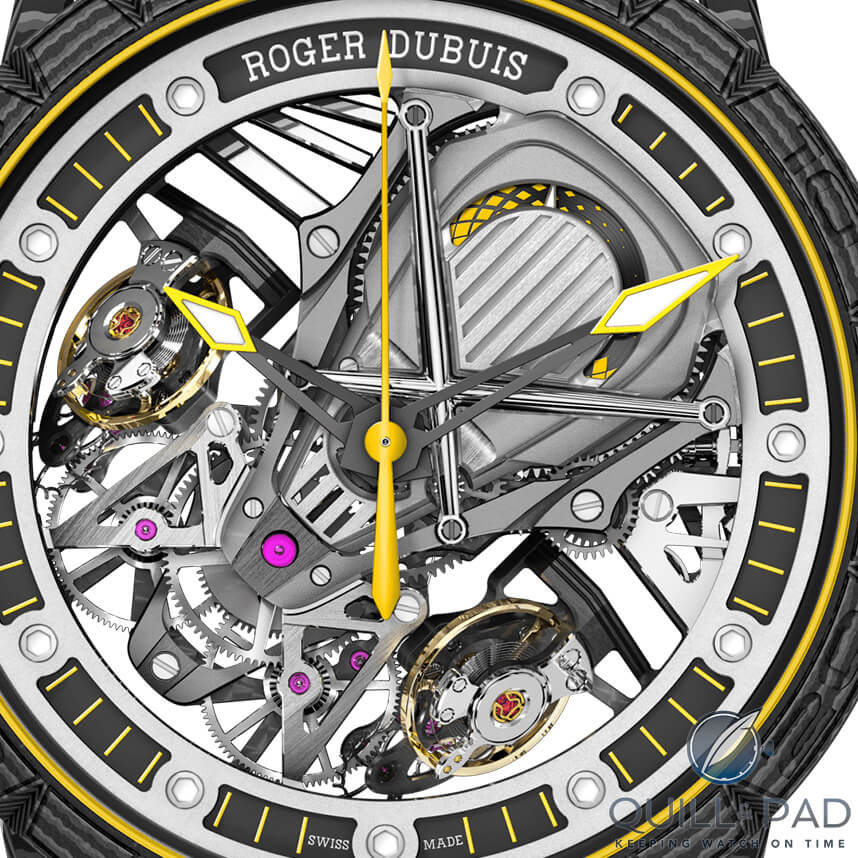 A close look dial side at the opposed balance wheels on the Roger Dubuis Excalibur Aventador S