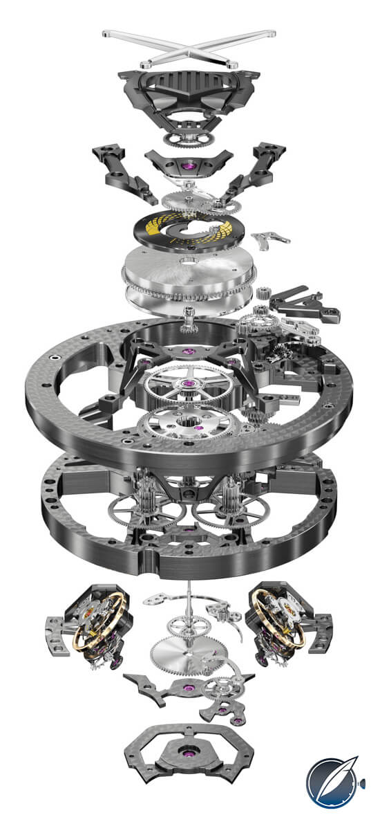 Exploded view of Caliber RD103SQ, which powers the Roger Dubuis Excalibur Aventador S