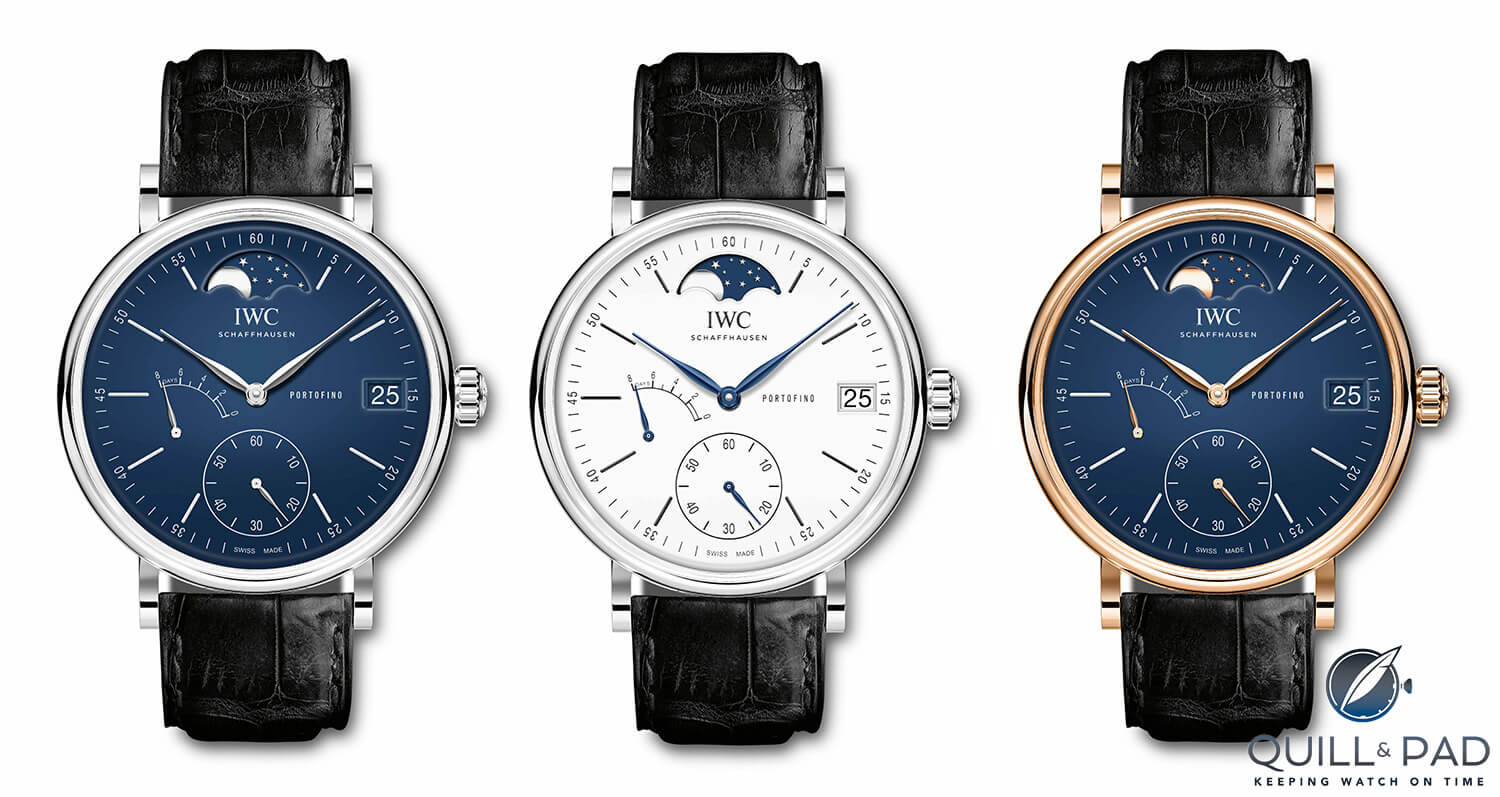 The IWC Portofino Hand-Wound Moon Phase editions: (L-R) steel with blue dial, steel with white dial, 150 Years edition in red gold with blue dial