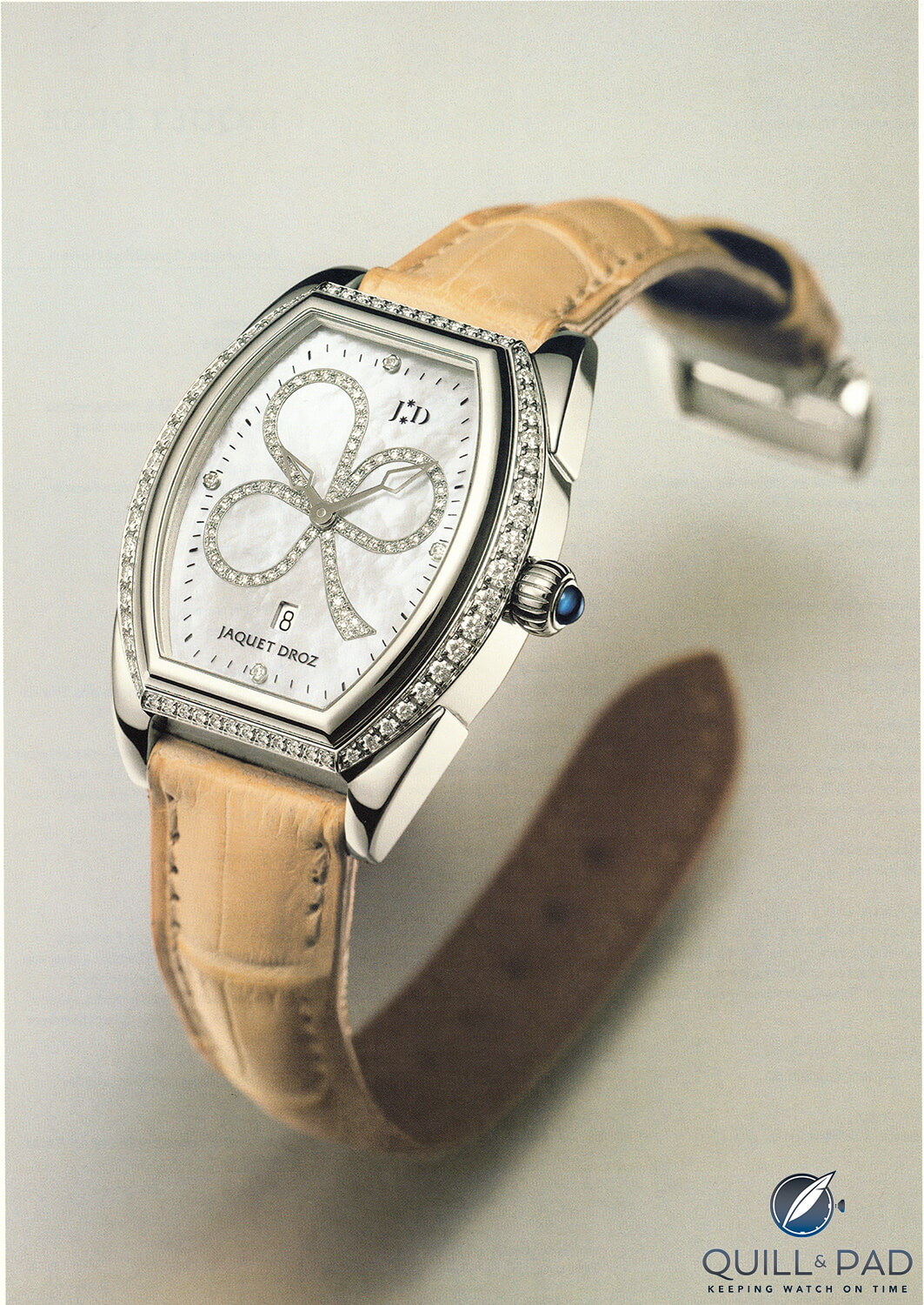This Jaquet Droz Tonneau Lady from 2002 displays the clover leaf on its mother-of-pearl dial as part of the watch design