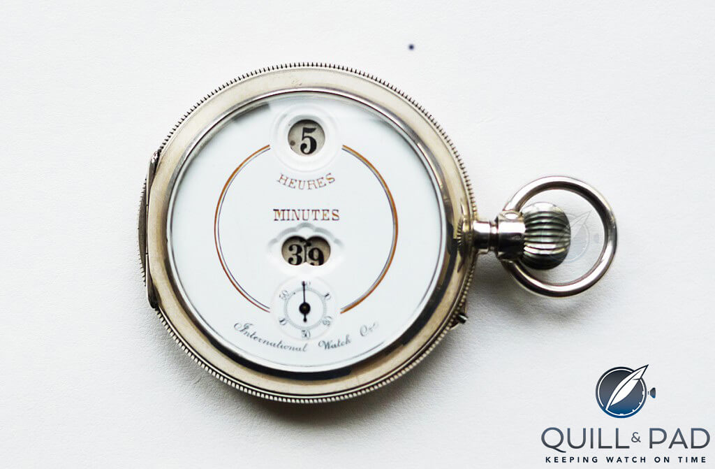 Pallweber pocket watch with digital display and enamel dial for IWC circa 1885