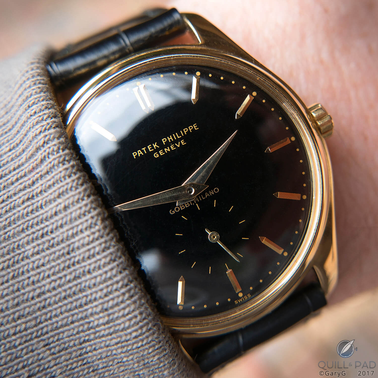 On the wrist: Patek Philippe Reference 2526 black dial “Gobbi Milano”