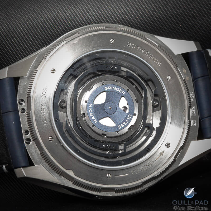 View of the back of the Ulysse Nardin Freak Vision to the Grinder automatic winding system