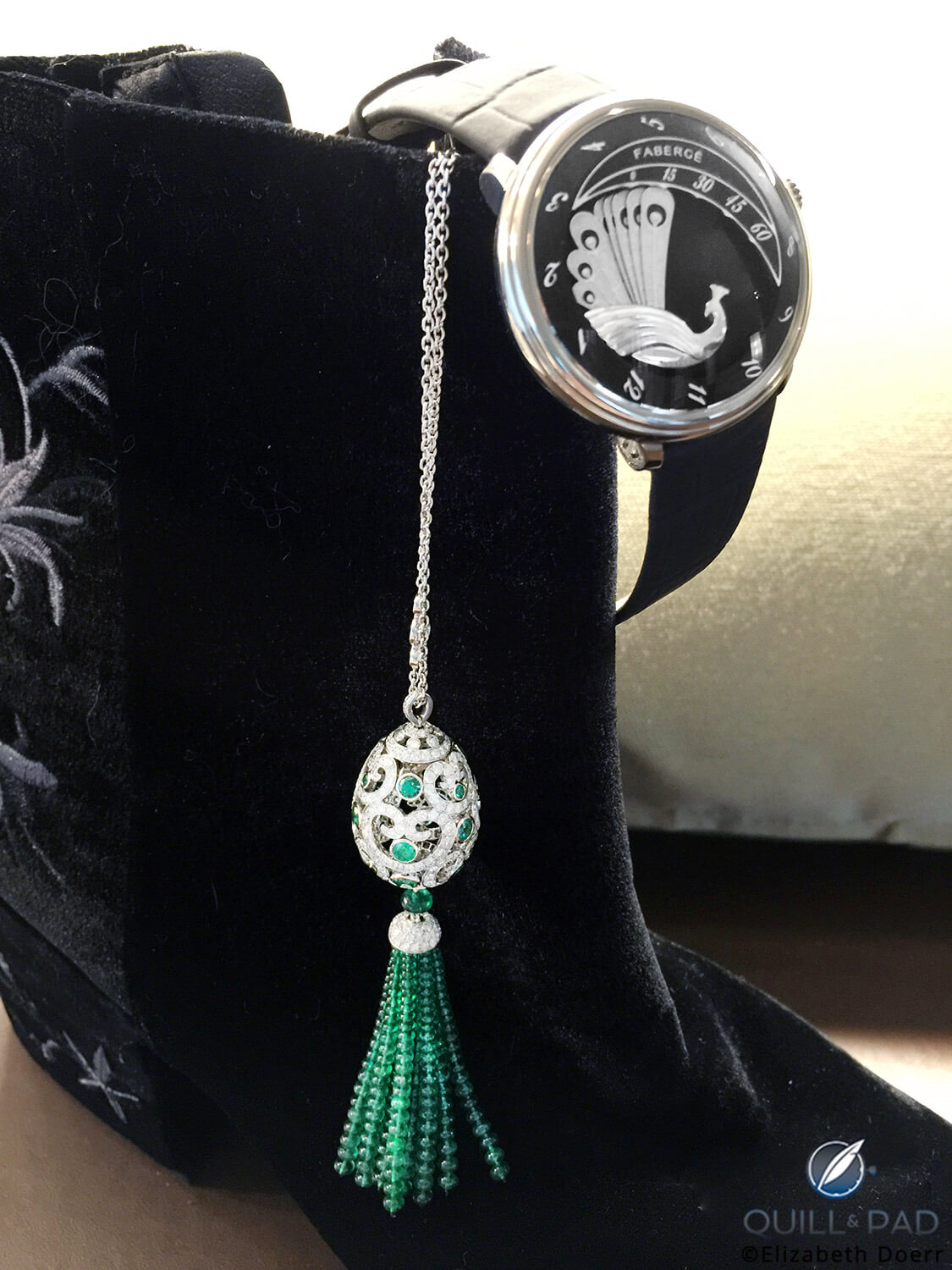 Fabergé Imperatrice Emerald Tassel Pendant and Lady Compliquee Peacock Black watch