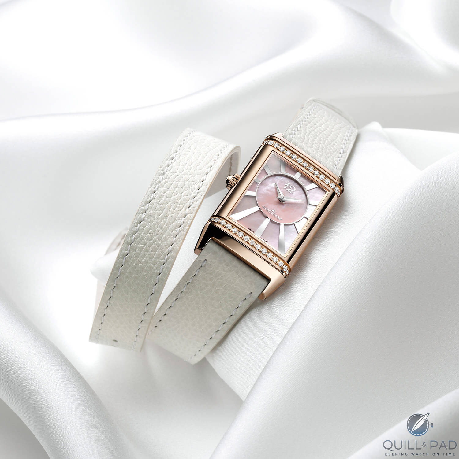  Jaeger-LeCoultre Grande Reverso Lady Ultra Thin Duetto Duo on white Valextra strap