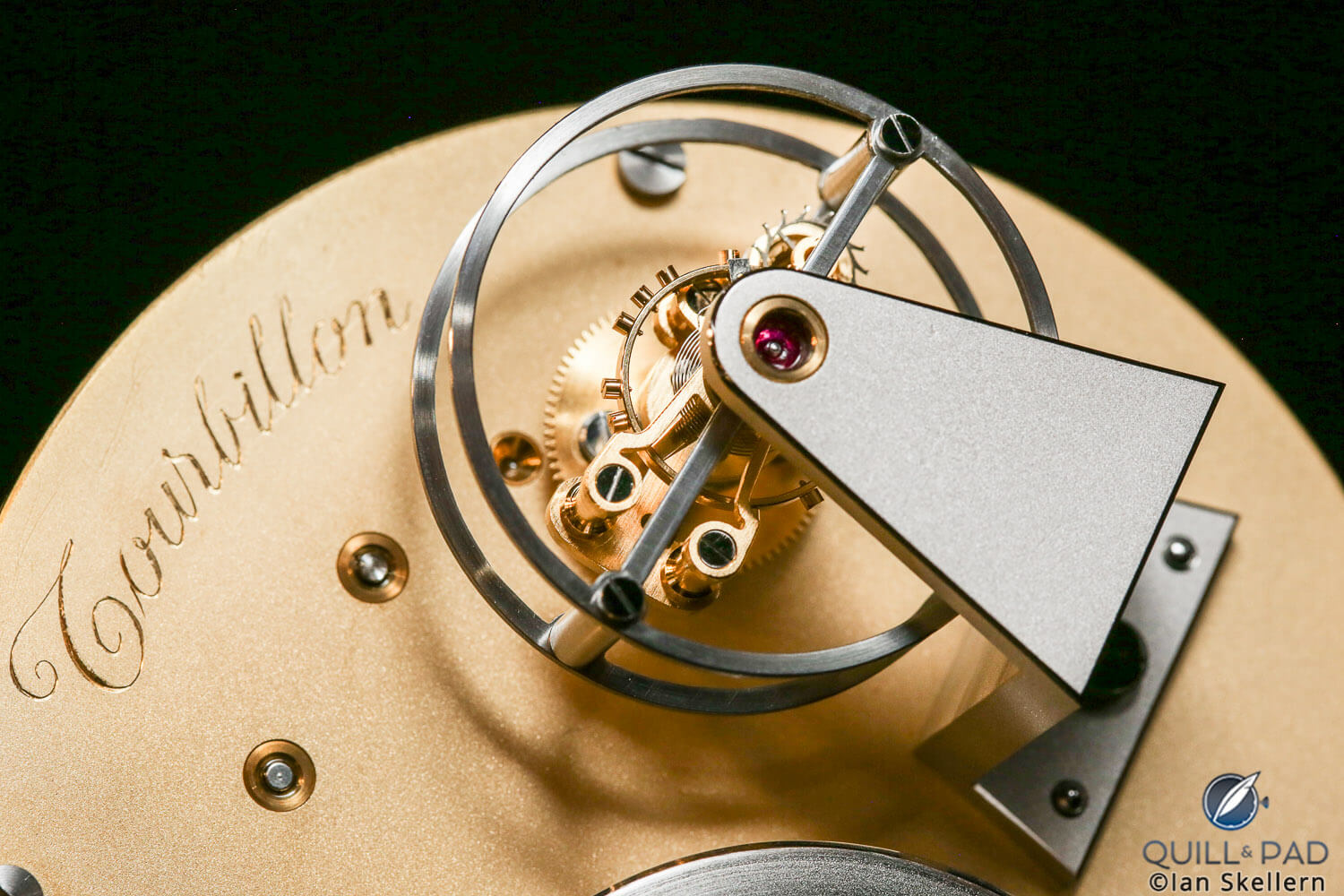 Close up look at the impeccably hand finished tourbillon escapement of the Mechanica Tempus Pendulette Tourbillon by Rémy Cools