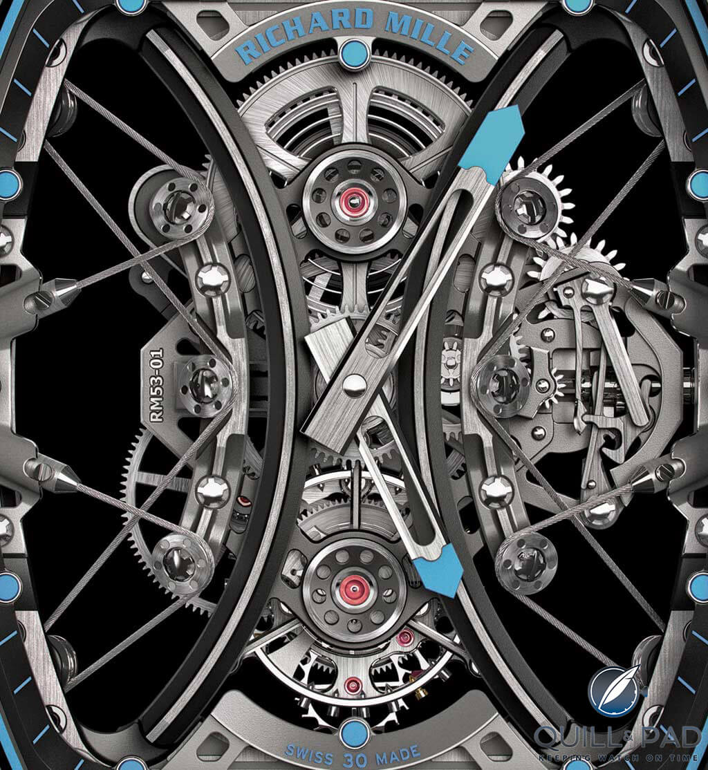 A close look at the shock-absorbing cables securing the movement in the Richard Mille RM 53-01 Pablo Mac Donough