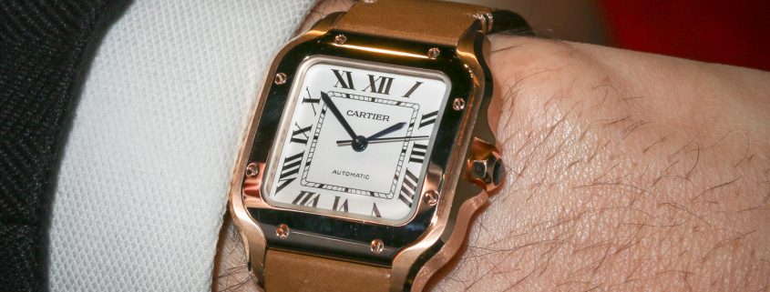 Santos de Cartier in pink gold on the wrist