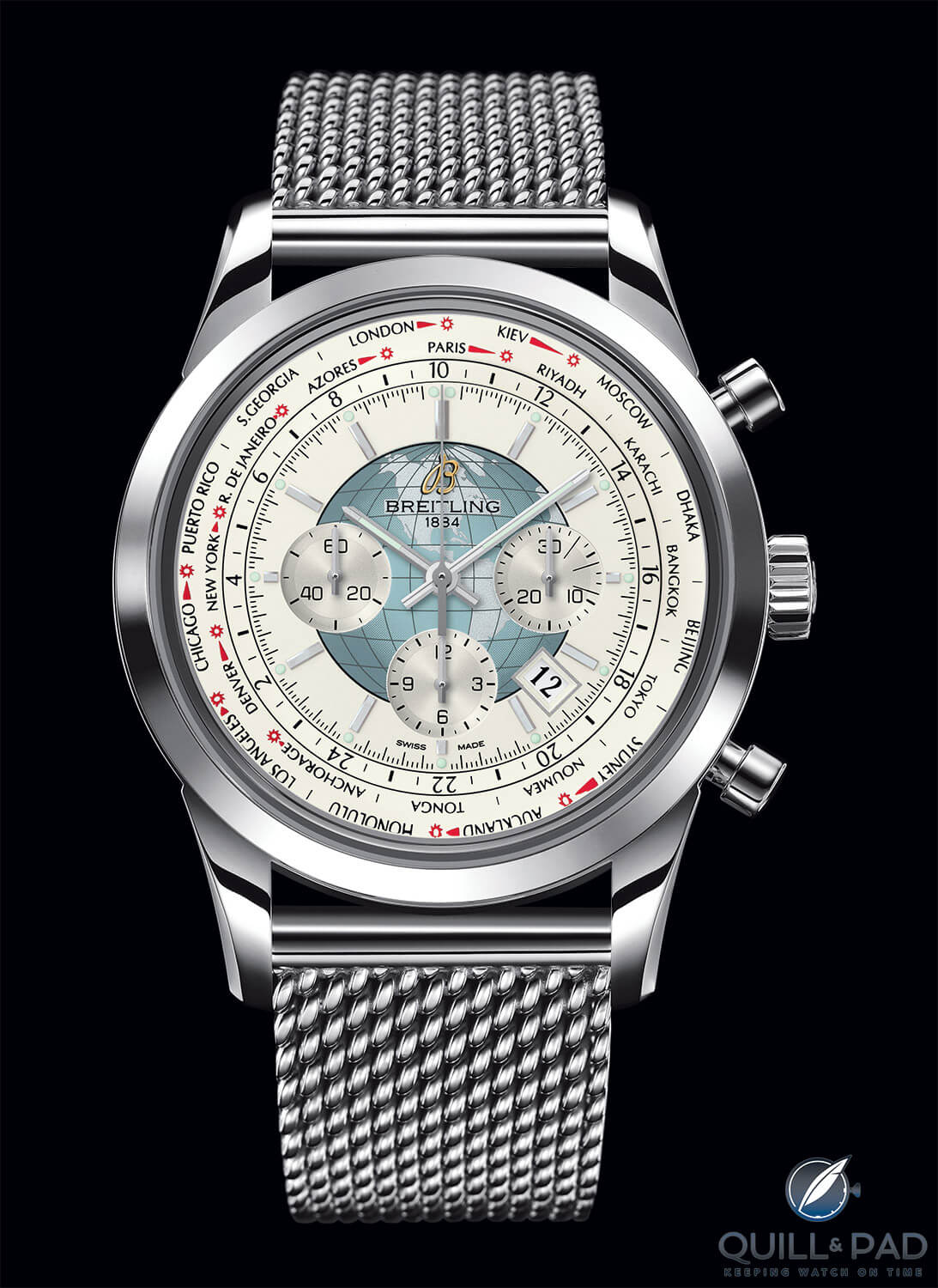 Breitling Transocean Chronograph Unitime on mesh bracelet