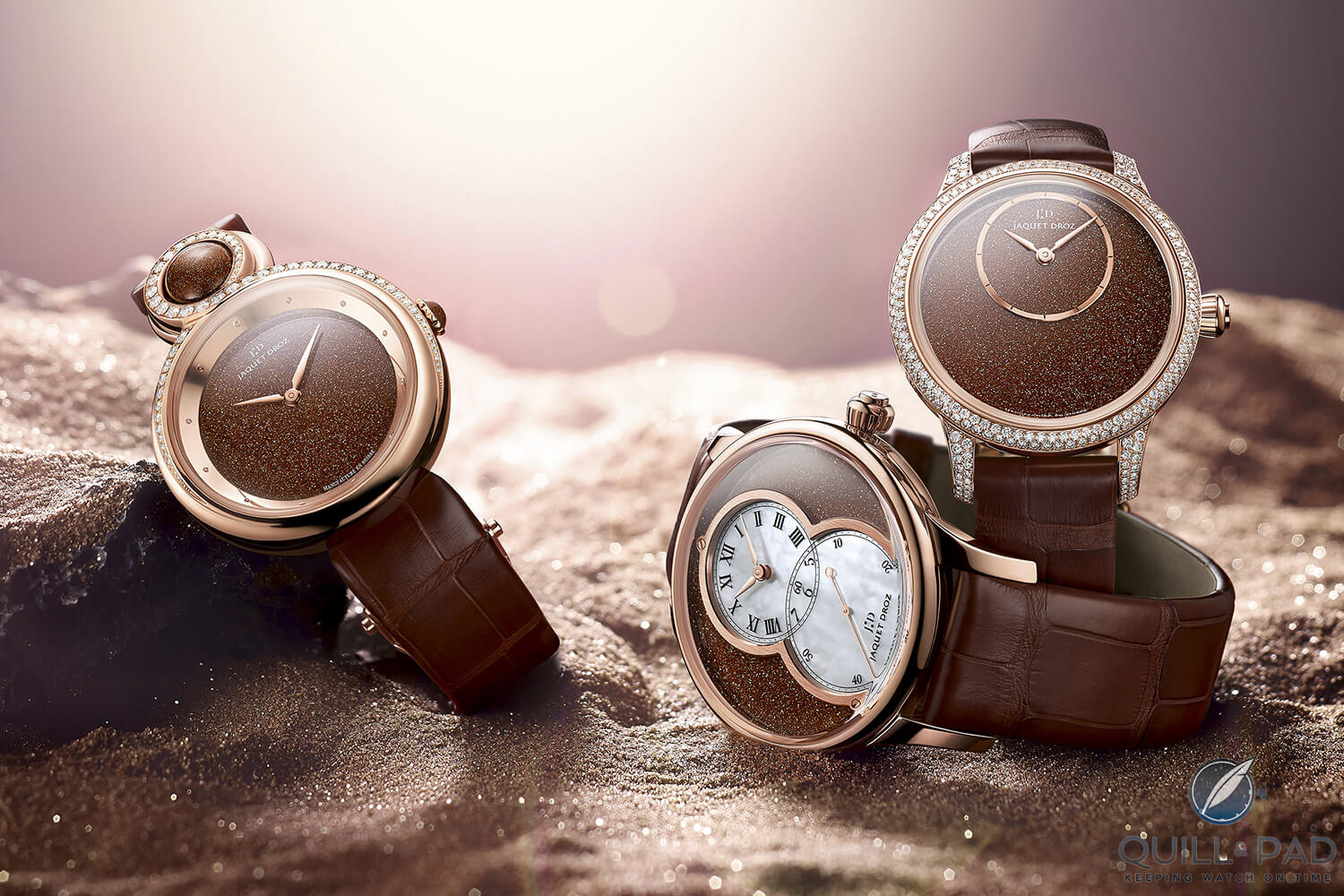 Trio of Jaquet Droz Sunstone watches from 2015: (L to R) Lady 8, Grande Seconde Cerclée, Petite Heure Minute 35 mm