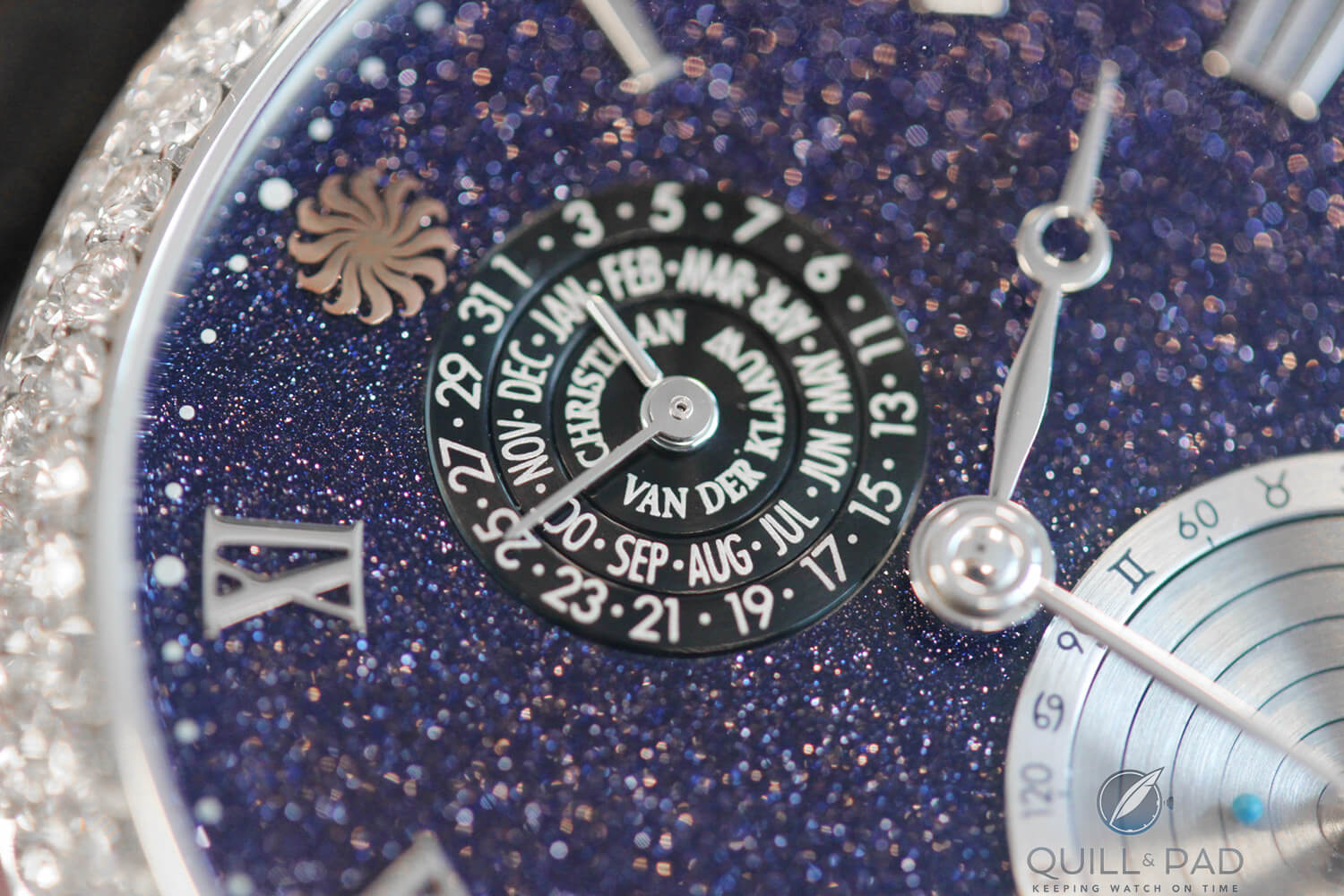 Dial detail from Christiaan van der Klaauw's Planetarium: the aventurine dial sparkles in conjunction with the technical elements and the ring of diamonds around the bezel