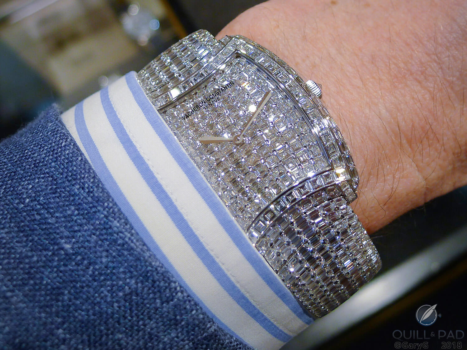 All diamonds, and platinum: a gem-set Vacheron Constantin on the author’s wrist