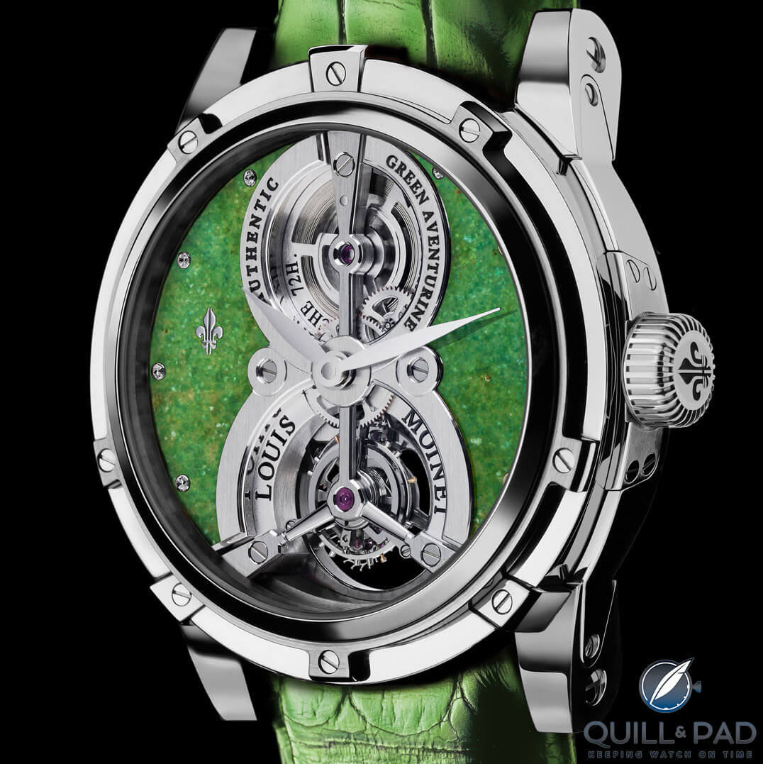 Louis Moinet's Treasures of the World Green Aventurine Vertalis Tourbillon seems to be only one of two wristwatches fitted with a quartz aventurine stone