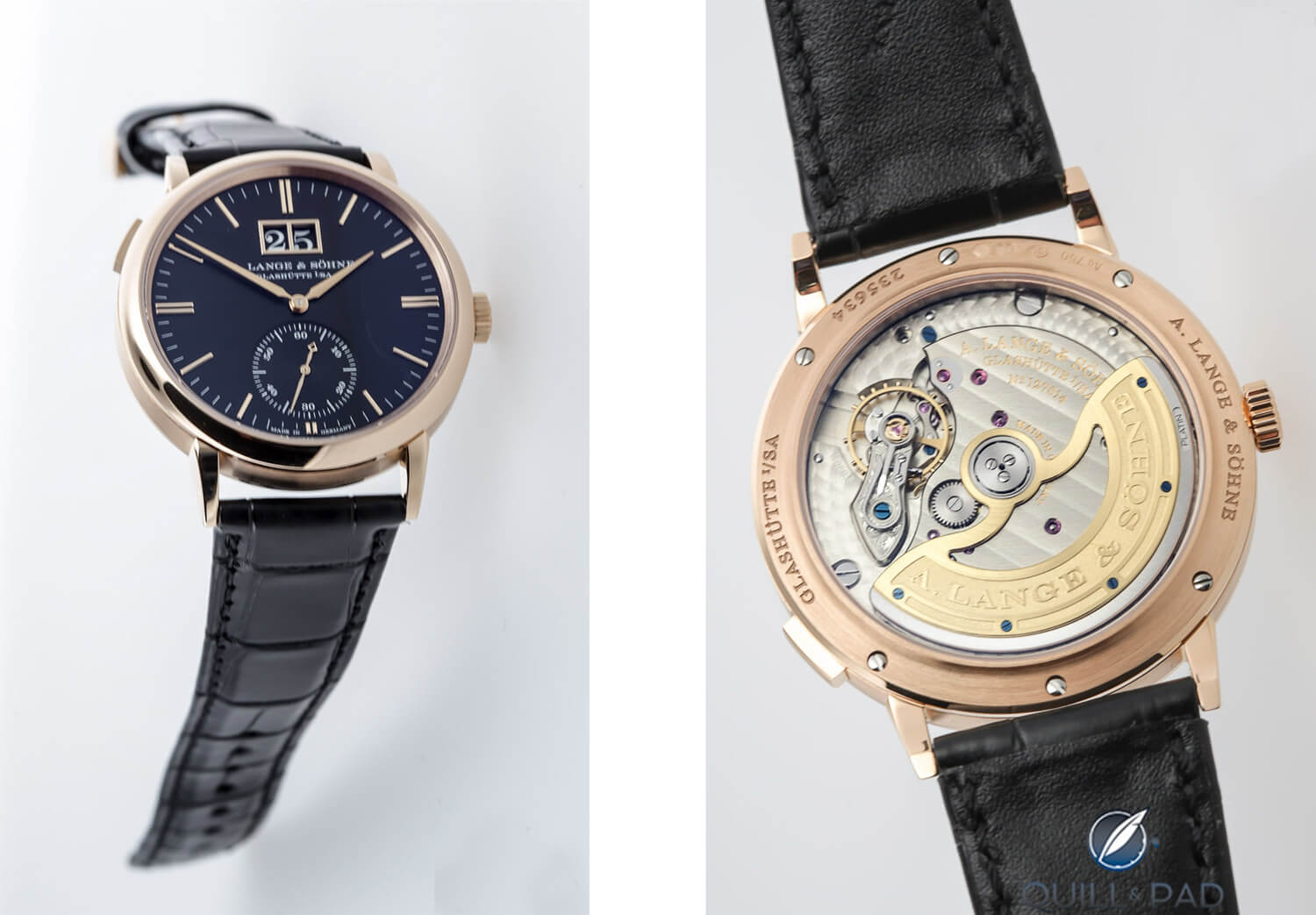 Front and back of the A. Lange & Söhne Saxonia Outsize Date in red gold