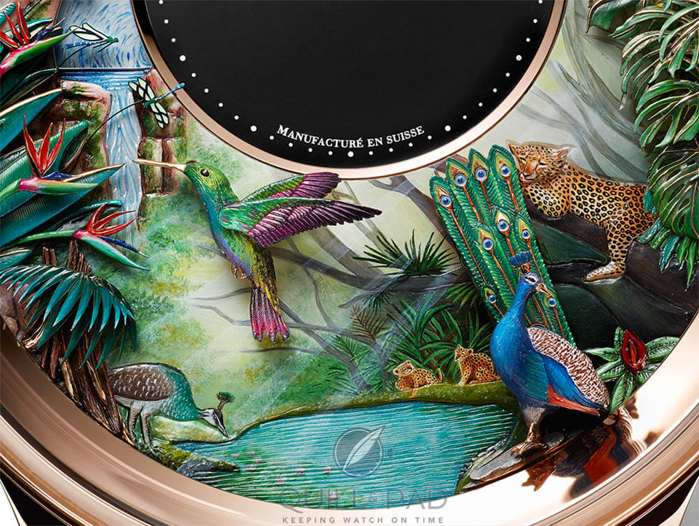 Impeccable details on the dial of the Jaquet Droz Tropical Bird Repeater