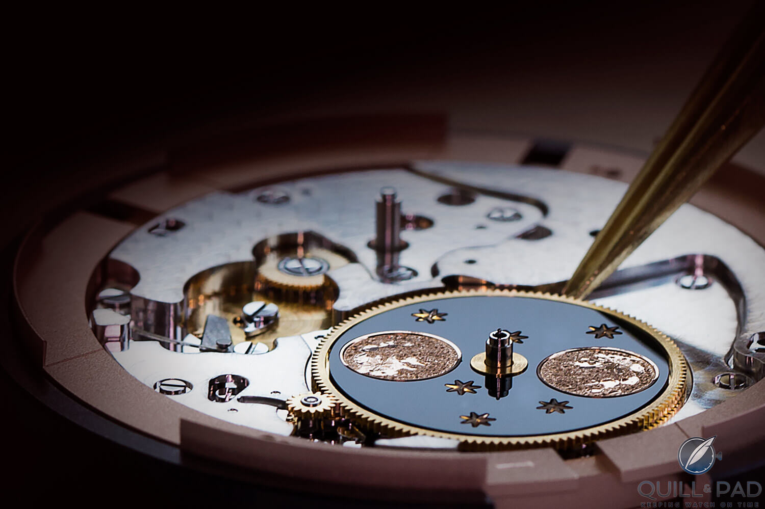 Twin gold moon disks under the dial of the Jaquet Droz Grande Seconde Moon Black Enamel