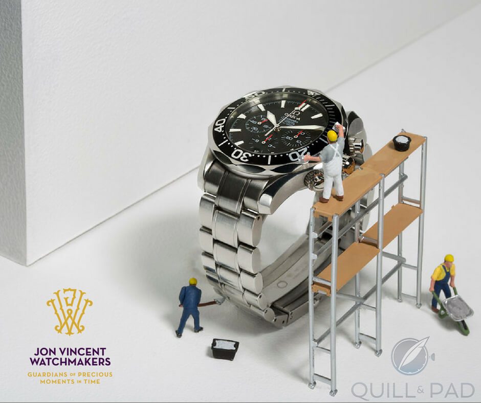 Mini watchmakers cleaning an Omega chronograph using what looks like very unsafe scaffolding, and is that concrete in the wheel barrow? (photo courtesy Susan Castillo/Jon Vincent Watchmakers)
