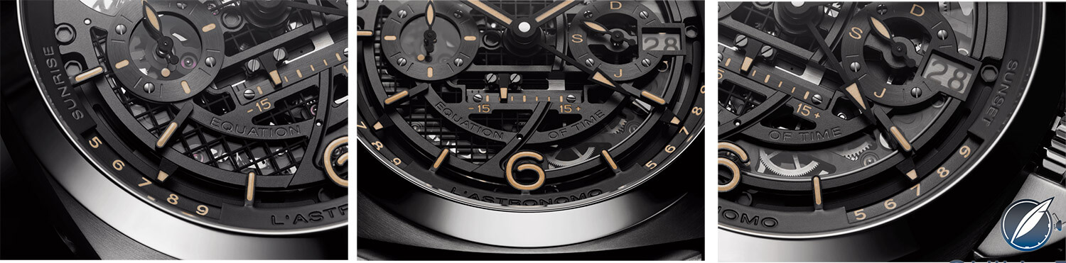 Lower dial details of the Panerai L'Astronomo Luminor 1950 Tourbillon Moon Phases Equation Of Time GMT