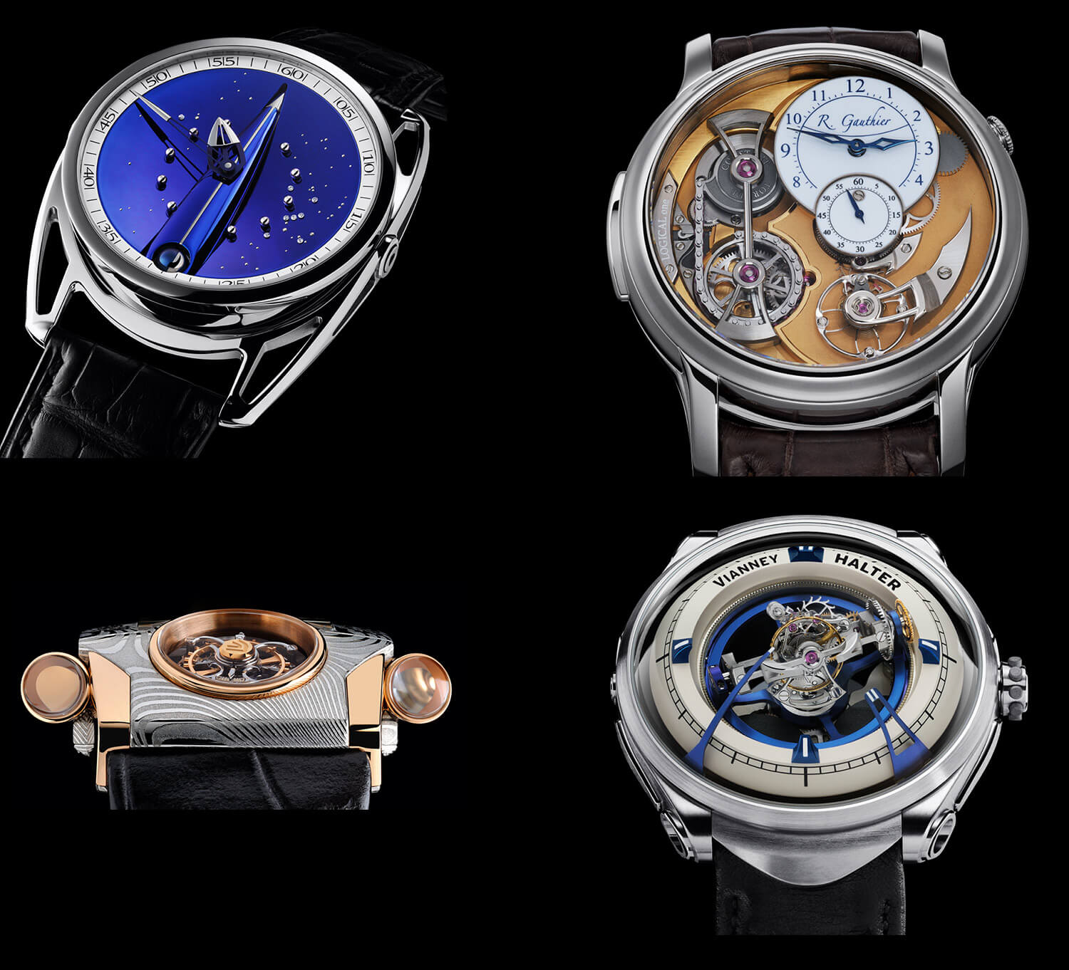 Watchmakers: The Masters of Art Horology. Clockwise from top left: De Bethune, Romain Gauthier, Vianney Halter and Claret