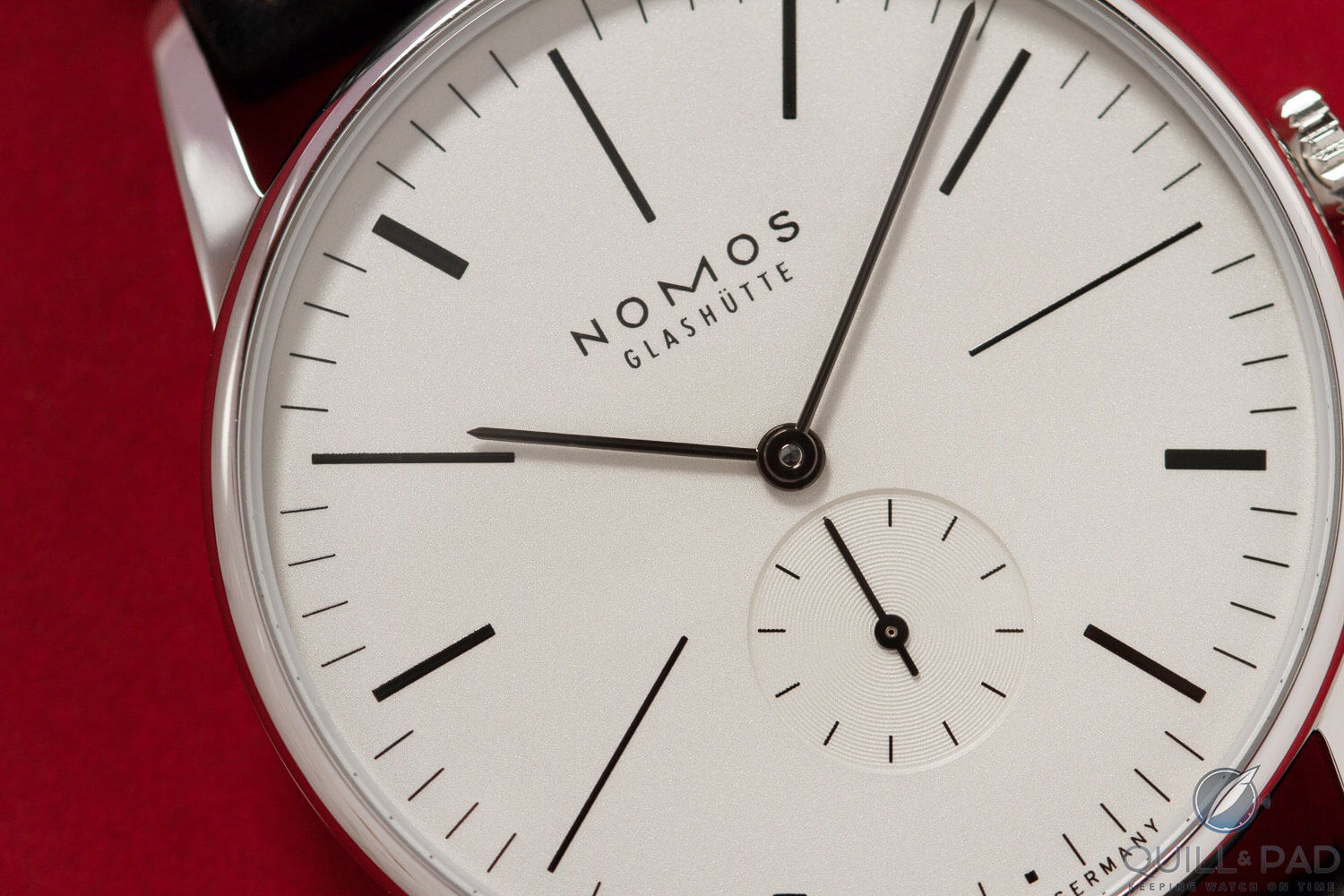 Close up look at the dial of the Ace X NOMOS Orion 100 Years of De Stijl