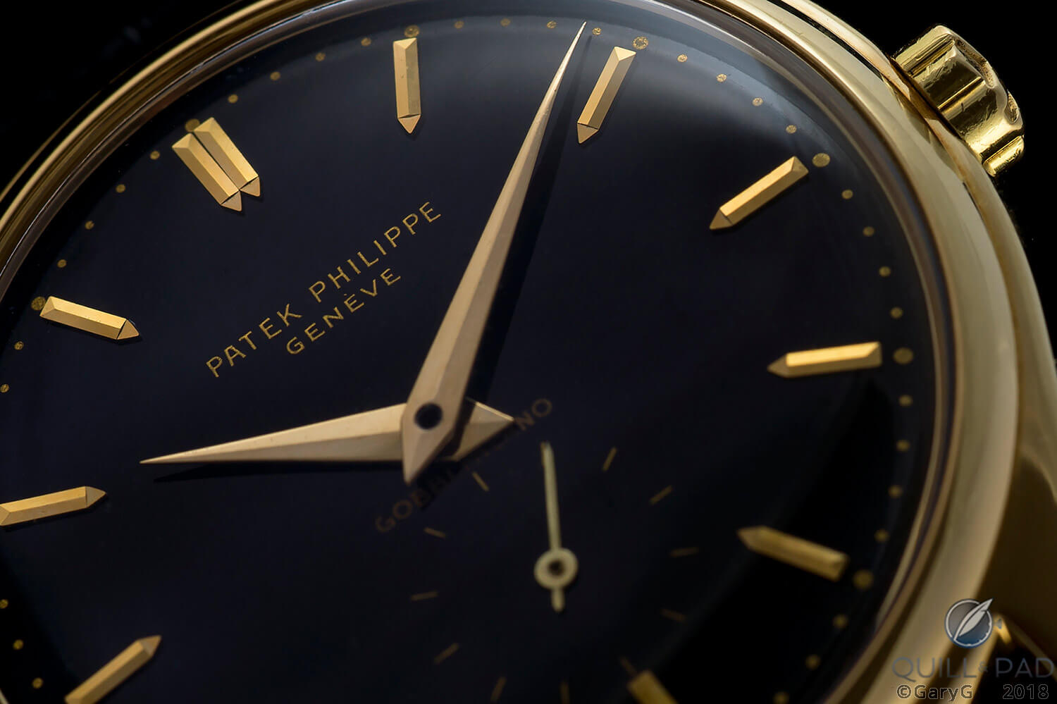 Dial detail, Patek Philippe Reference 2526 in yellow gold with black enamel dial