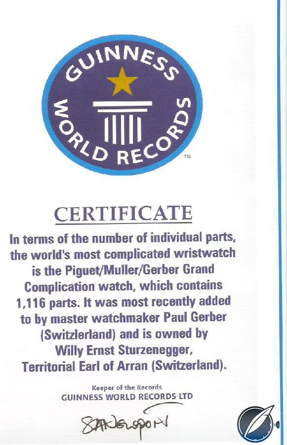The certificate issued by the ‘Guinness Book of World Records’ to Paul Gerber