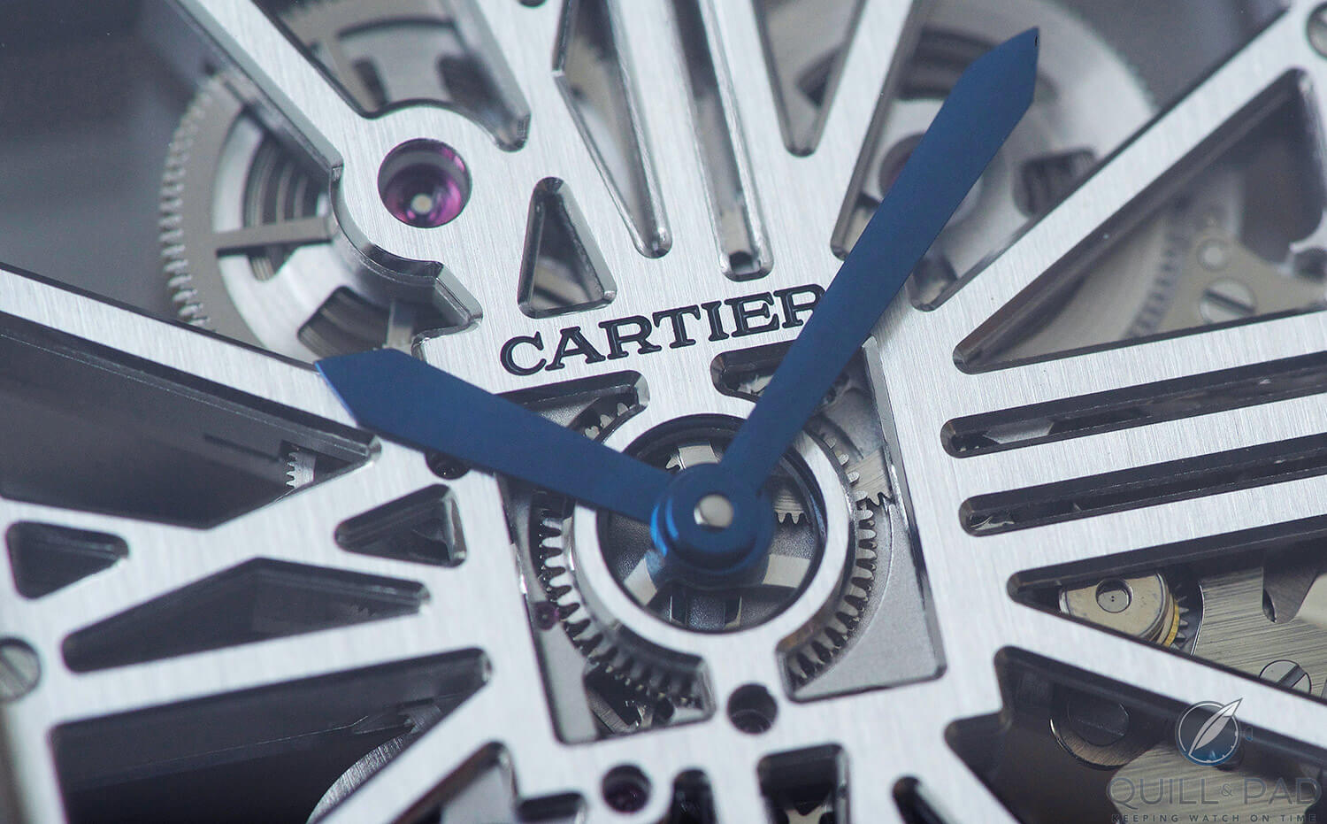 Cartier Caliber 9611 through the dial of the Santos de Cartier Skeleton