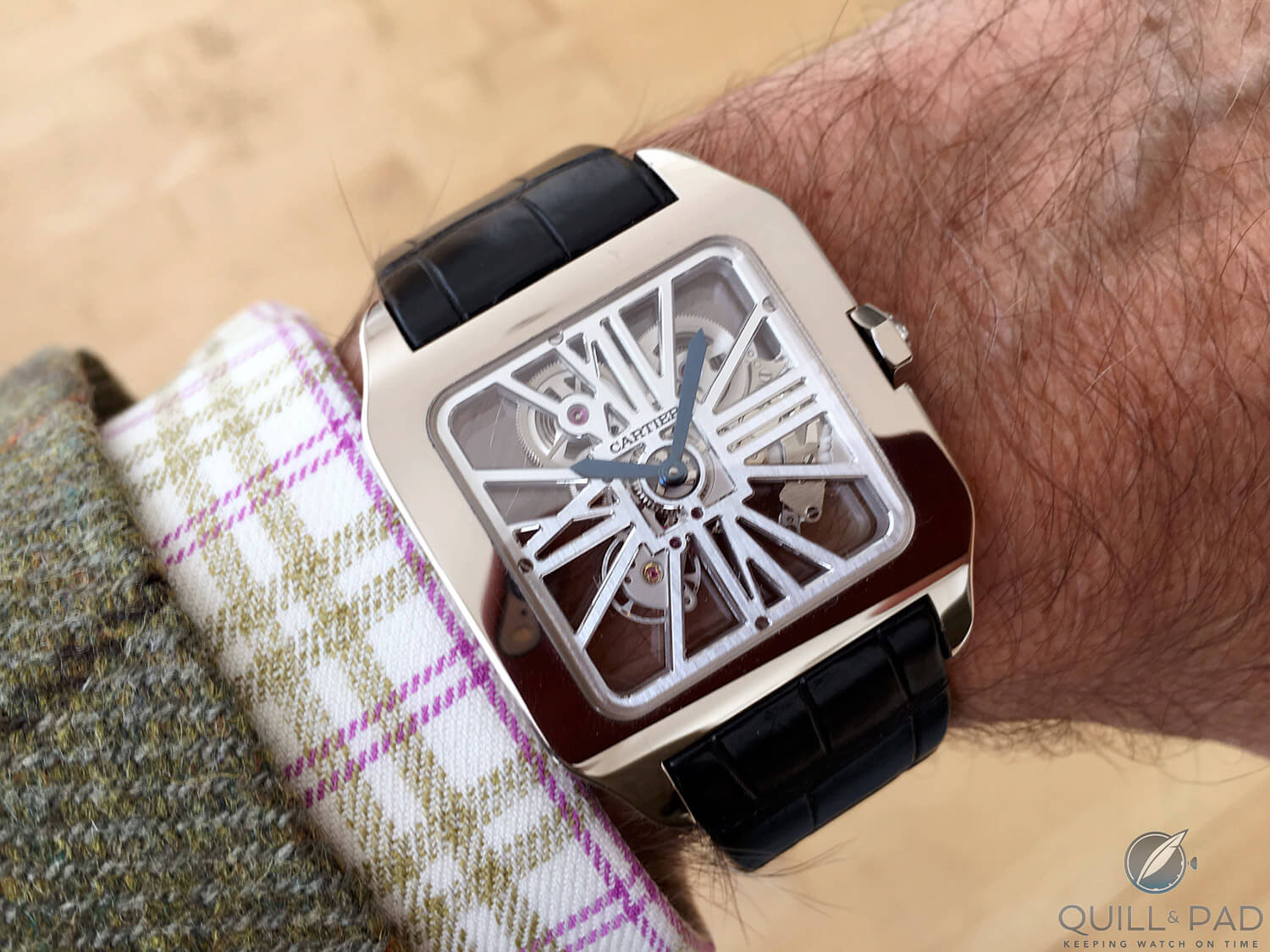 Cartier Santos Dumont Squelette from 2010 on the wrist (photo courtesy George Cramer)