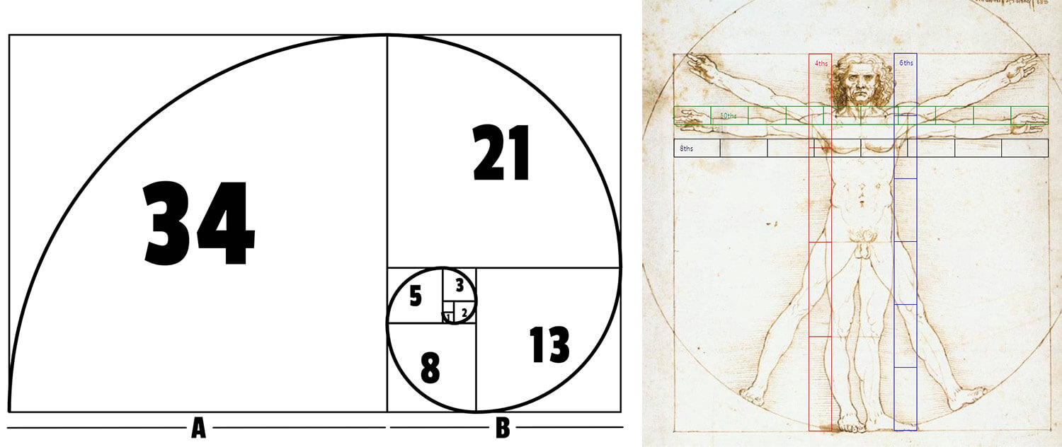 The Golden Ratio, Fibonacci spiral and Leonardo Da Vinci 's Vitruvian Man