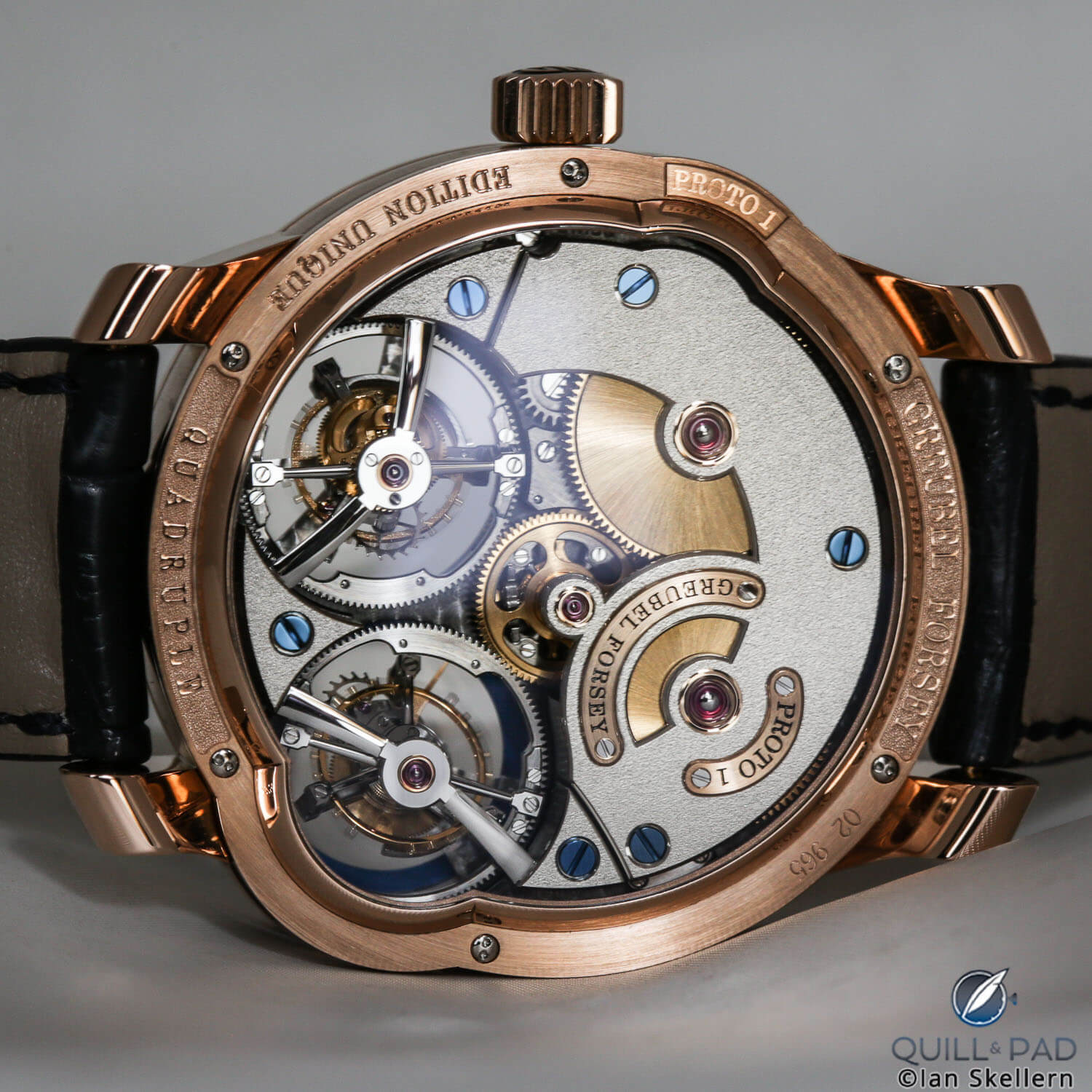 View through the display back of the Greubel Forsey Quadruple Tourbillon Blue